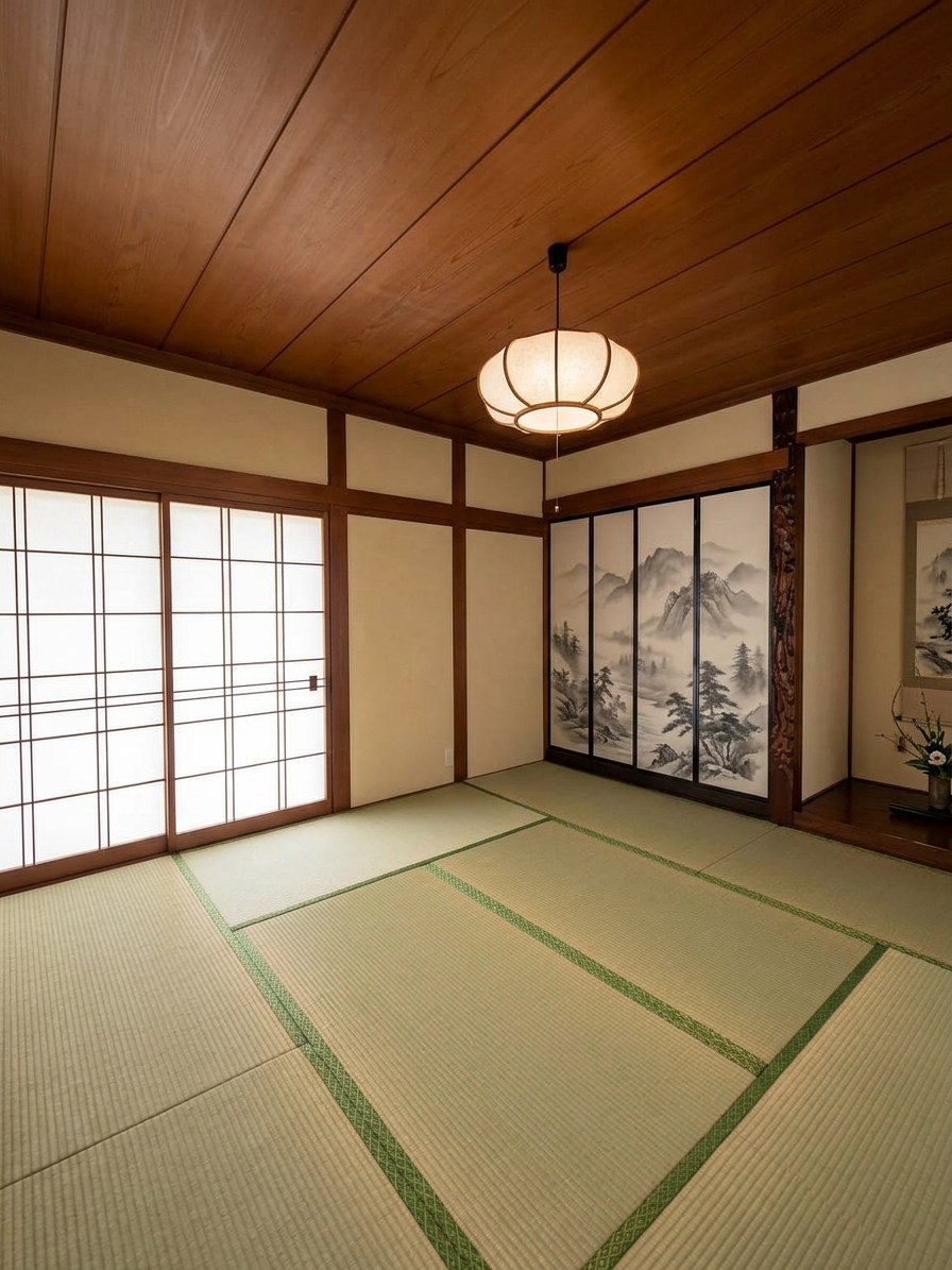 Tatami bedroom with painted screen and paper lantern