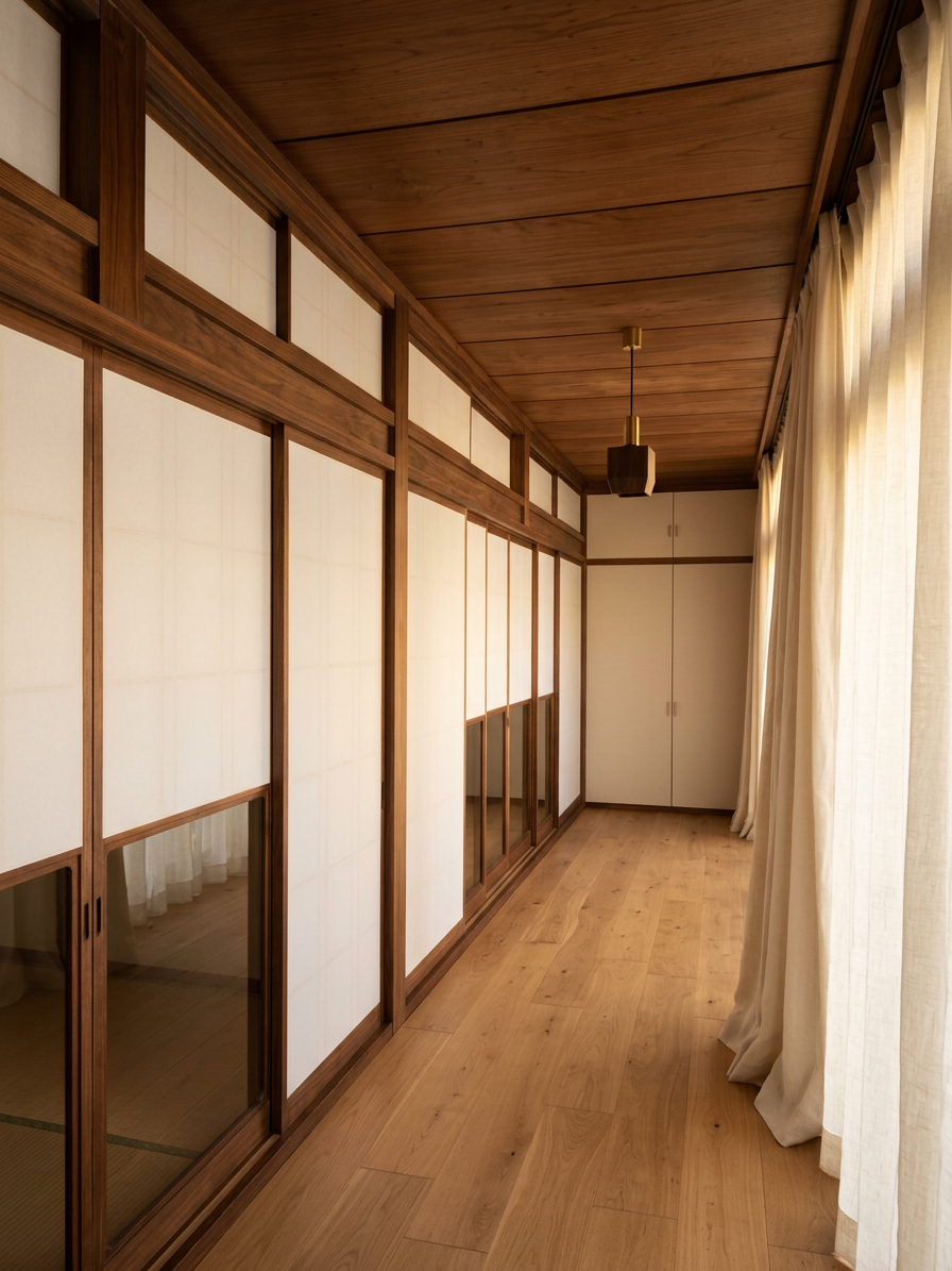 Hallway with shoji sliding doors and natural wood floors