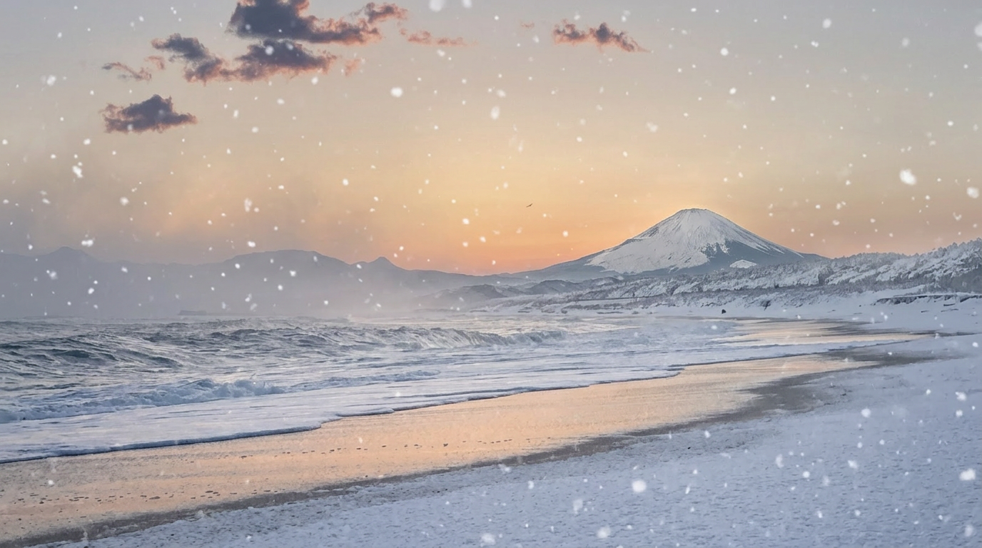 Snowy sunset over Mt Fuji and the coast